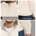 Features: quarter-zip neck (adjustable), ribbed hem (fit), contrast collar (visual layering), long sleeves (seasonal).