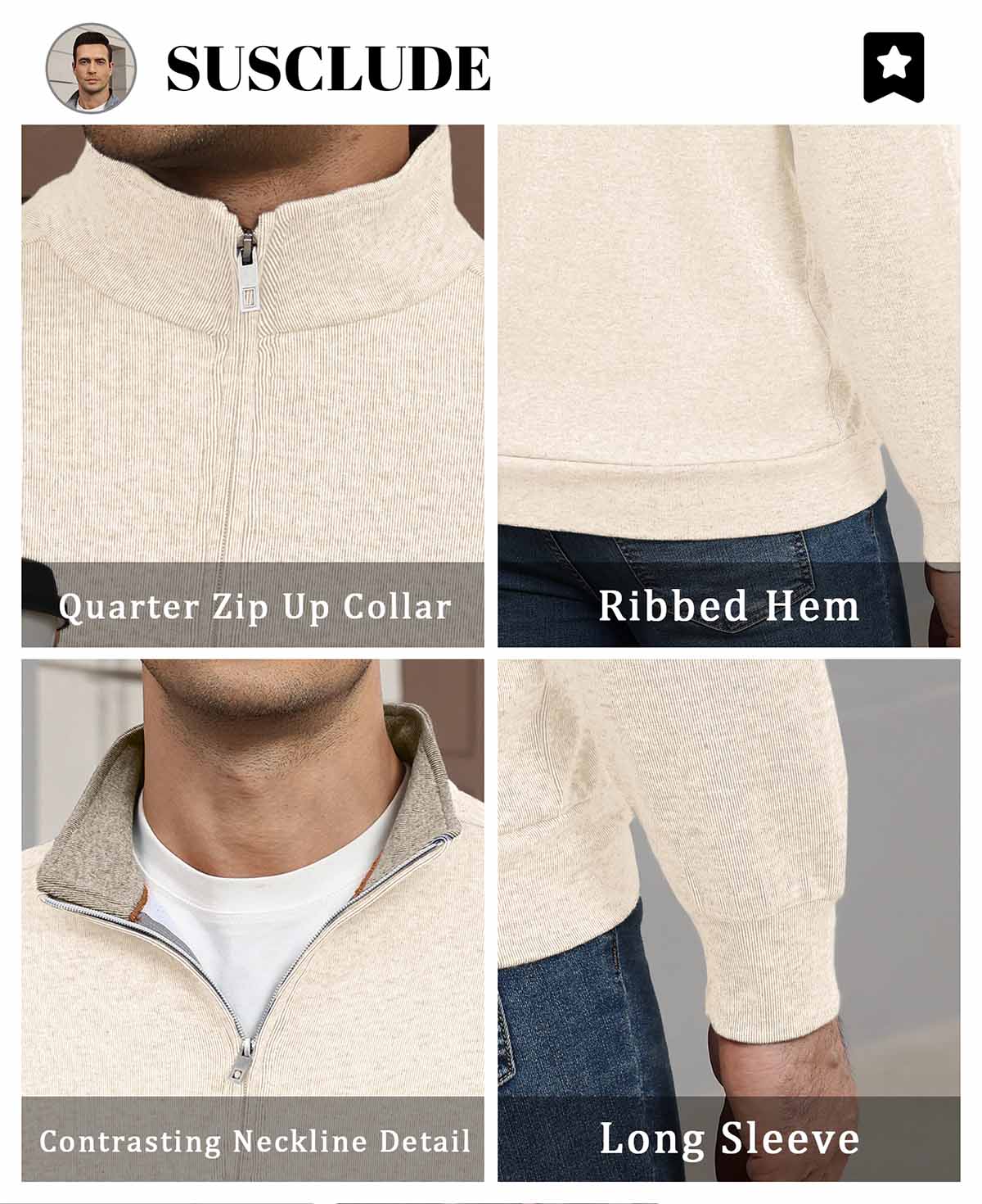 Features: quarter-zip neck (adjustable), ribbed hem (fit), contrast collar (visual layering), long sleeves (seasonal).