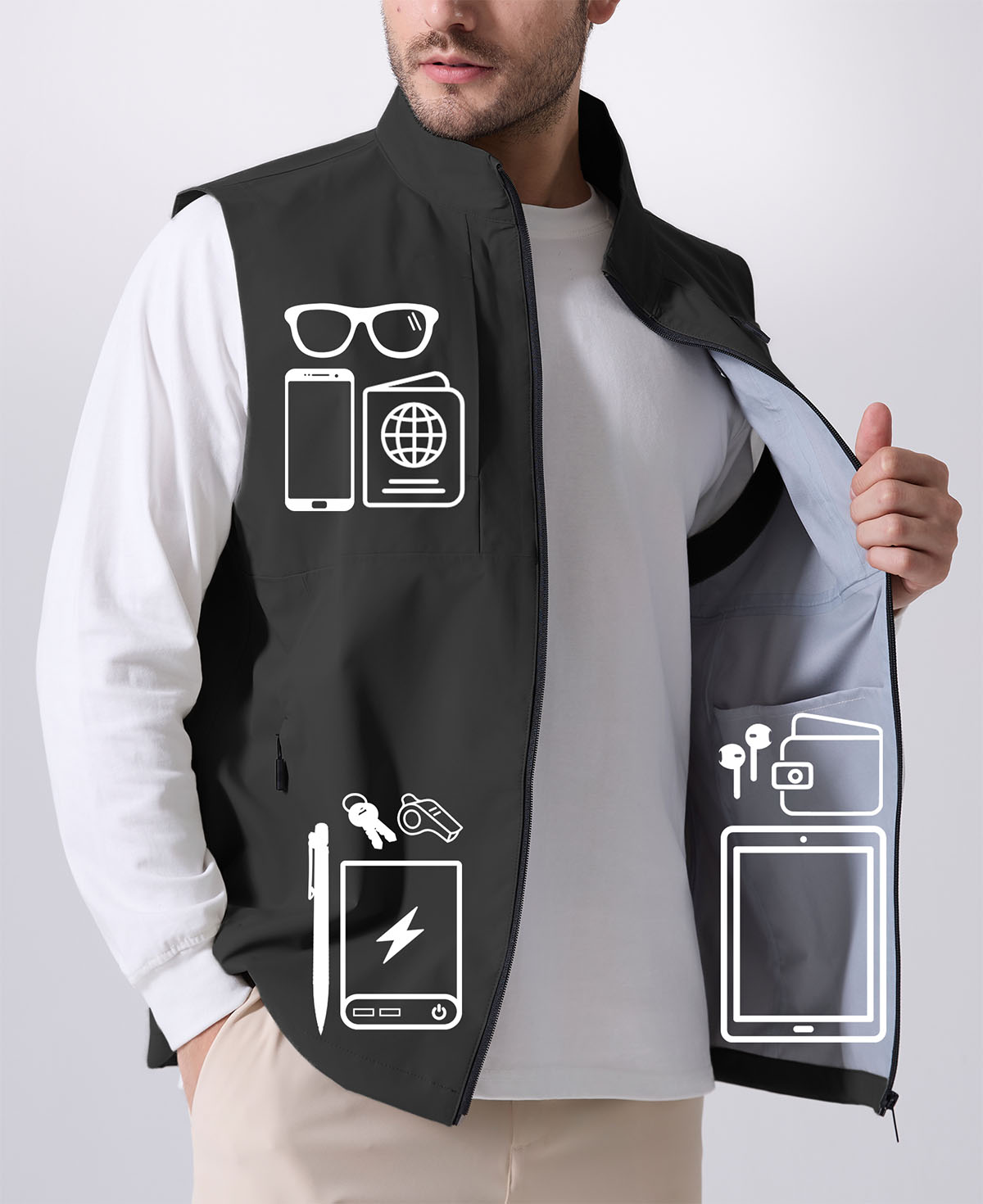 Pockets on black Men's Softshell Vest hold phone, sunglasses, ID, practical storage for daily or outdoor use.