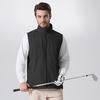 Model wearing black Men's Softshell Vest with golf club, ideal lightweight layer for outdoor leisure activities.