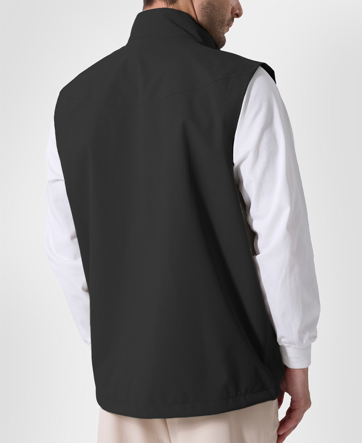 Back view of black Men's Softshell Vest ¨C clean, streamlined silhouette with minimalist design and flexible fit.