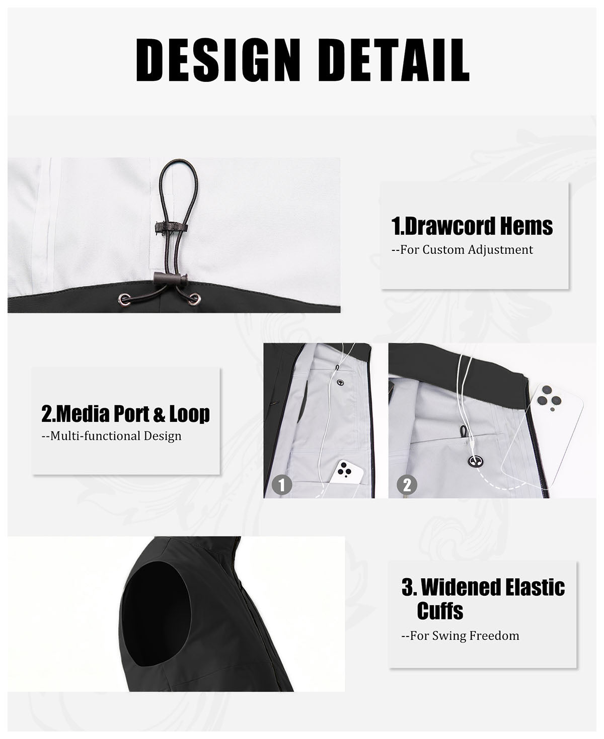 Features: adjustable drawcord hem, media port , gear loop, wide elastic armholes for freedom of movement.