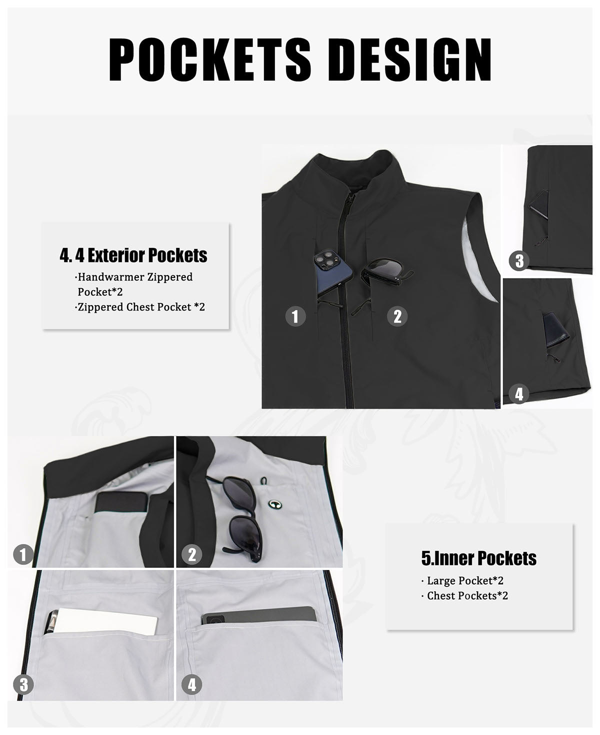 8-pocket system: 4 outer (2 zip handwarmer , 2 chest), 4 inner, maximizing storage in black Men's Softshell Vest.