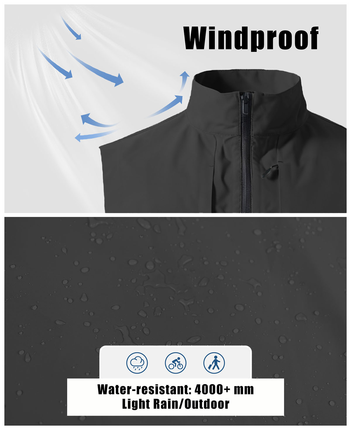 Windproof & water-resistant (4000,mm) softshell fabric, perfect for light rain and cool outdoor days.