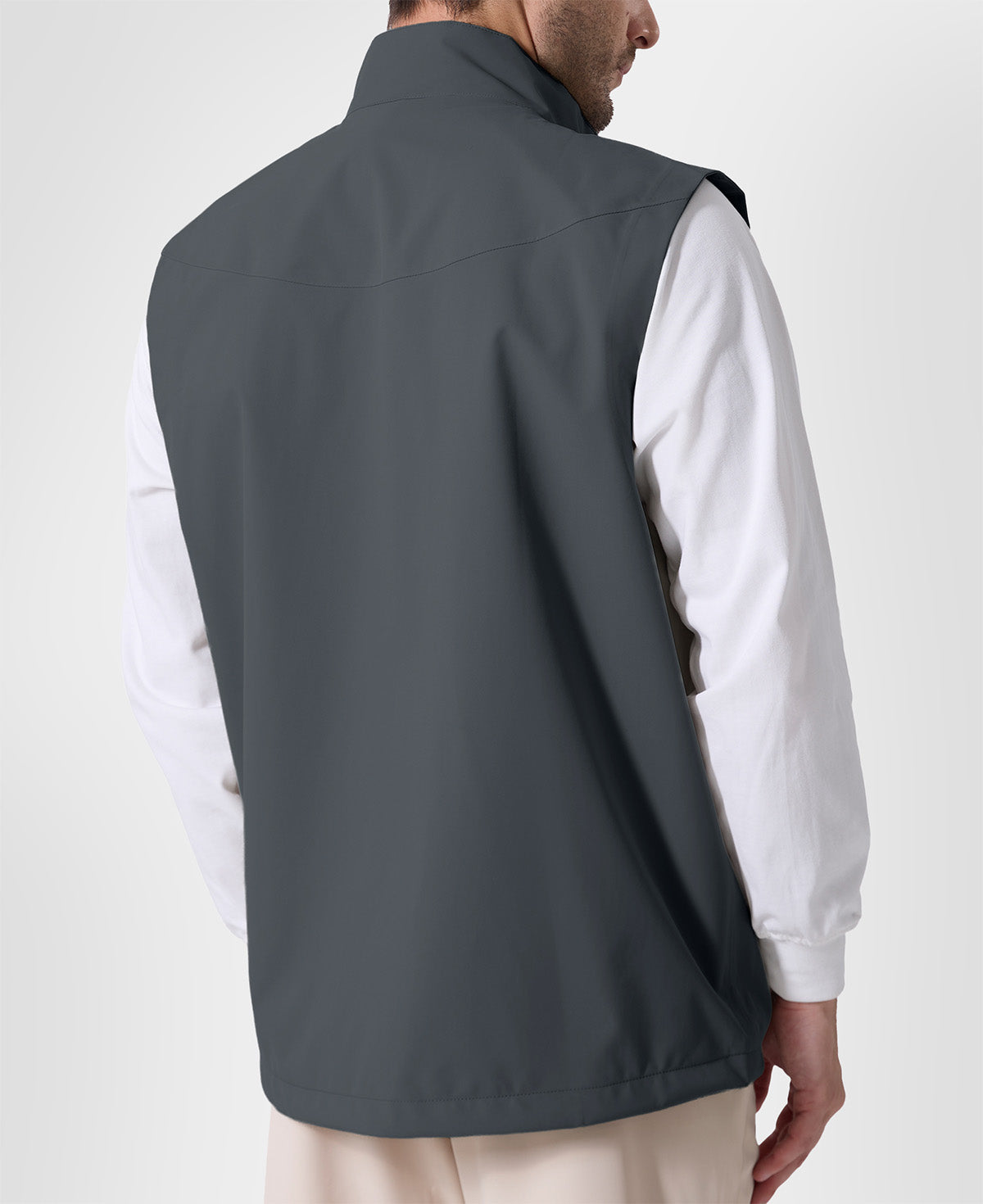 Back view of dark grey Men's Softshell Vest ¨C clean, streamlined silhouette with minimalist design and flexible fit.
