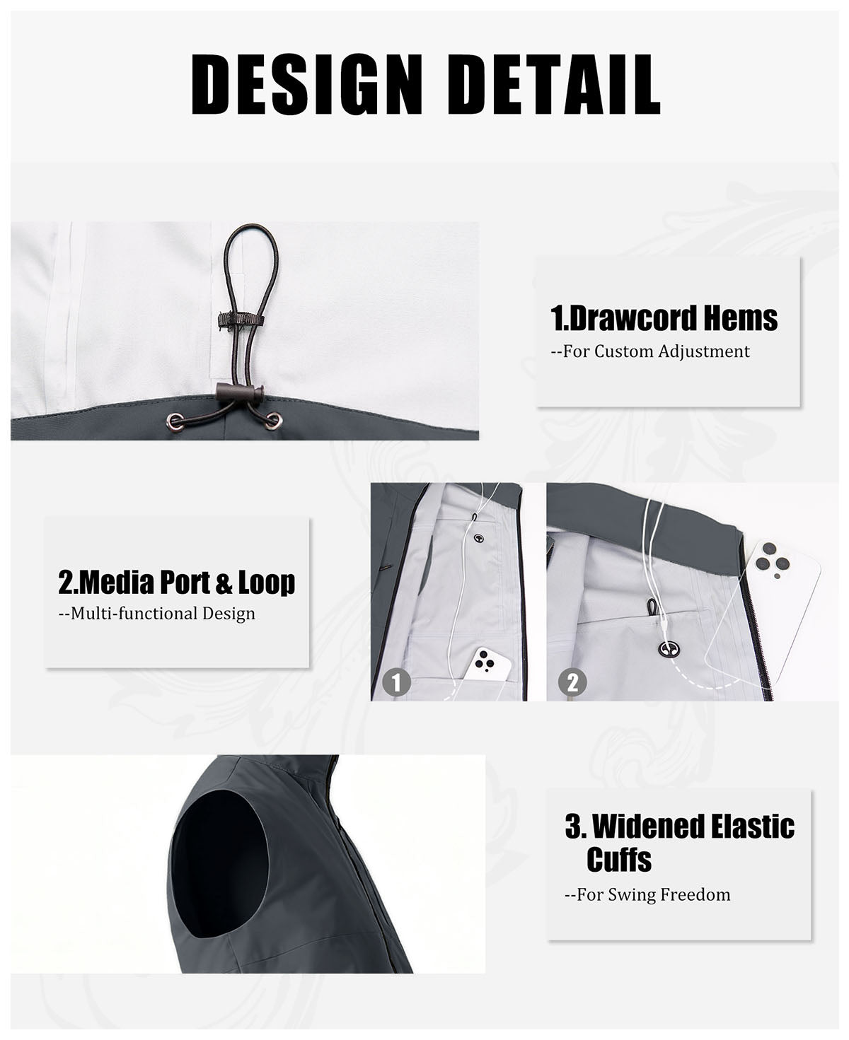 Features: adjustable drawcord hem, media port , gear loop, wide elastic armholes for freedom of movement.