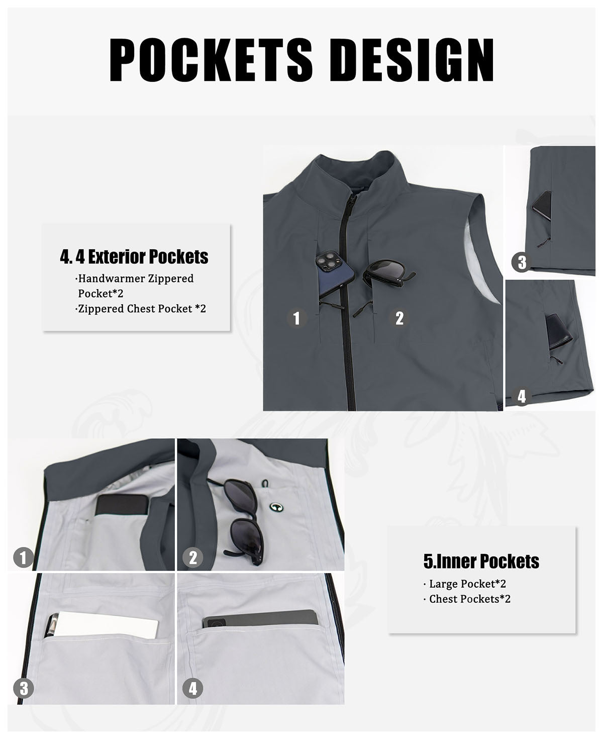 8-pocket system: 4 outer (2 zip handwarmer , 2 chest), 4 inner, maximizing storage in dark grey Men's Softshell Vest.