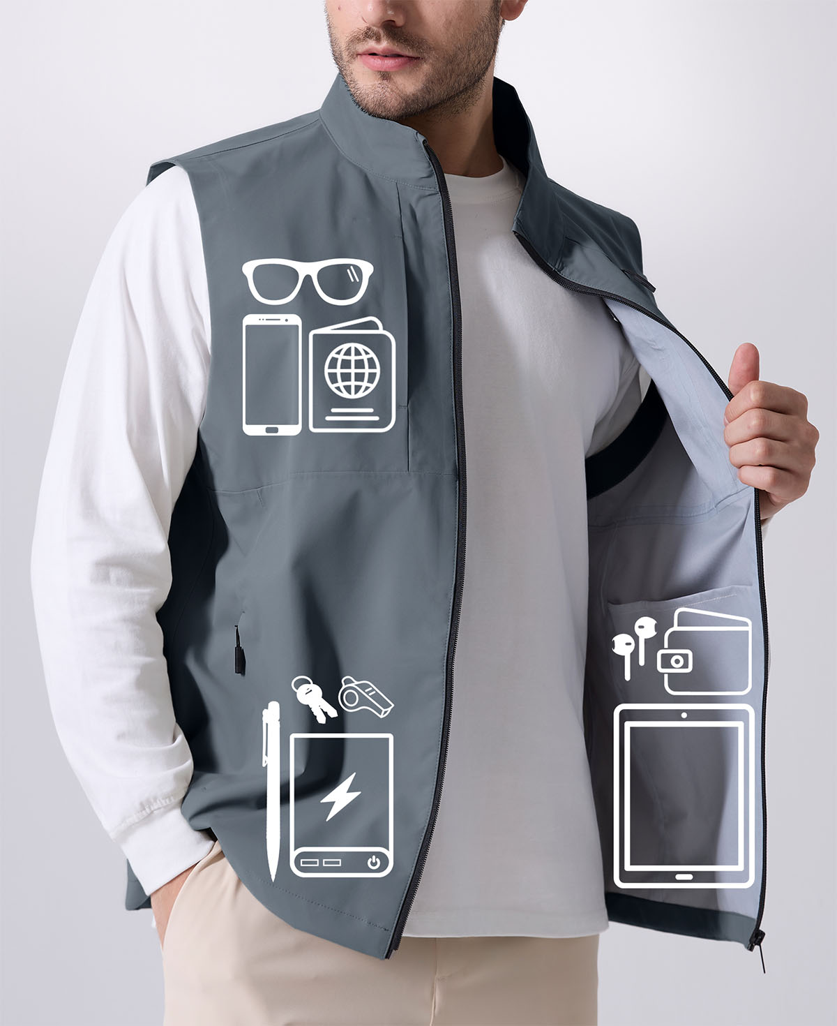 Pockets on light grey Men's Softshell Vest hold phone, sunglasses, ID, practical storage for daily or outdoor use.