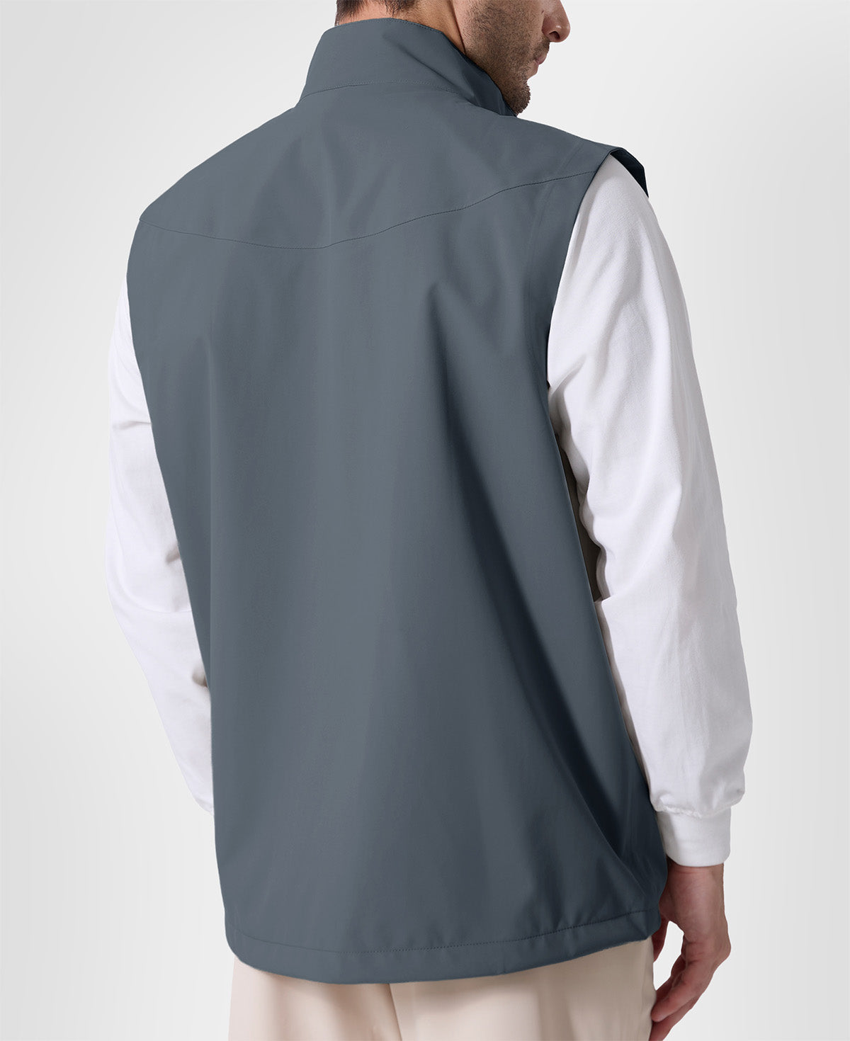 Back view of light grey Men's Softshell Vest ¨C clean, streamlined silhouette with minimalist design and flexible fit.