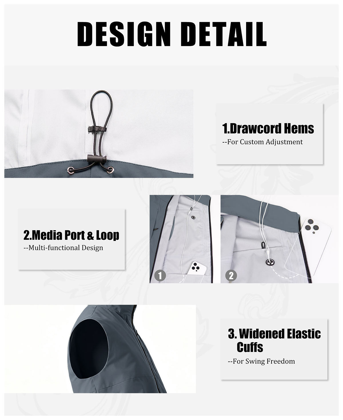 Features: adjustable drawcord hem, media port , gear loop, wide elastic armholes for freedom of movement.