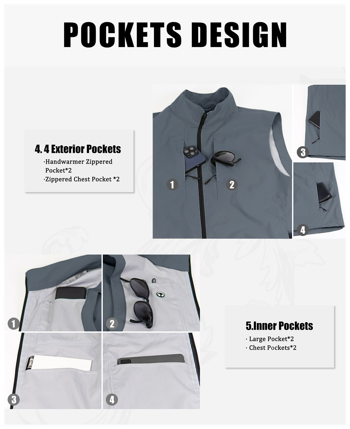 8-pocket system: 4 outer (2 zip handwarmer , 2 chest), 4 inner, maximizing storage in light grey Men's Softshell Vest.