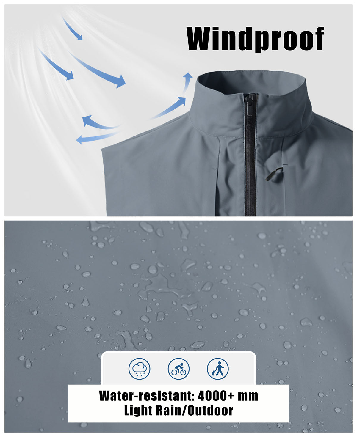 Windproof & water-resistant (4000,mm) softshell fabric, perfect for light rain and cool outdoor days.