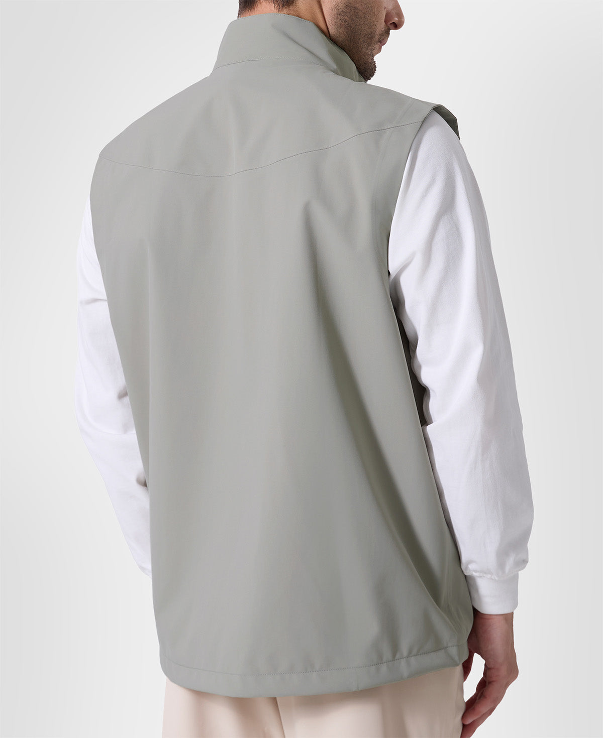 Back view of sage green Men's Softshell Vest ¨C clean, streamlined silhouette with minimalist design and flexible fit.