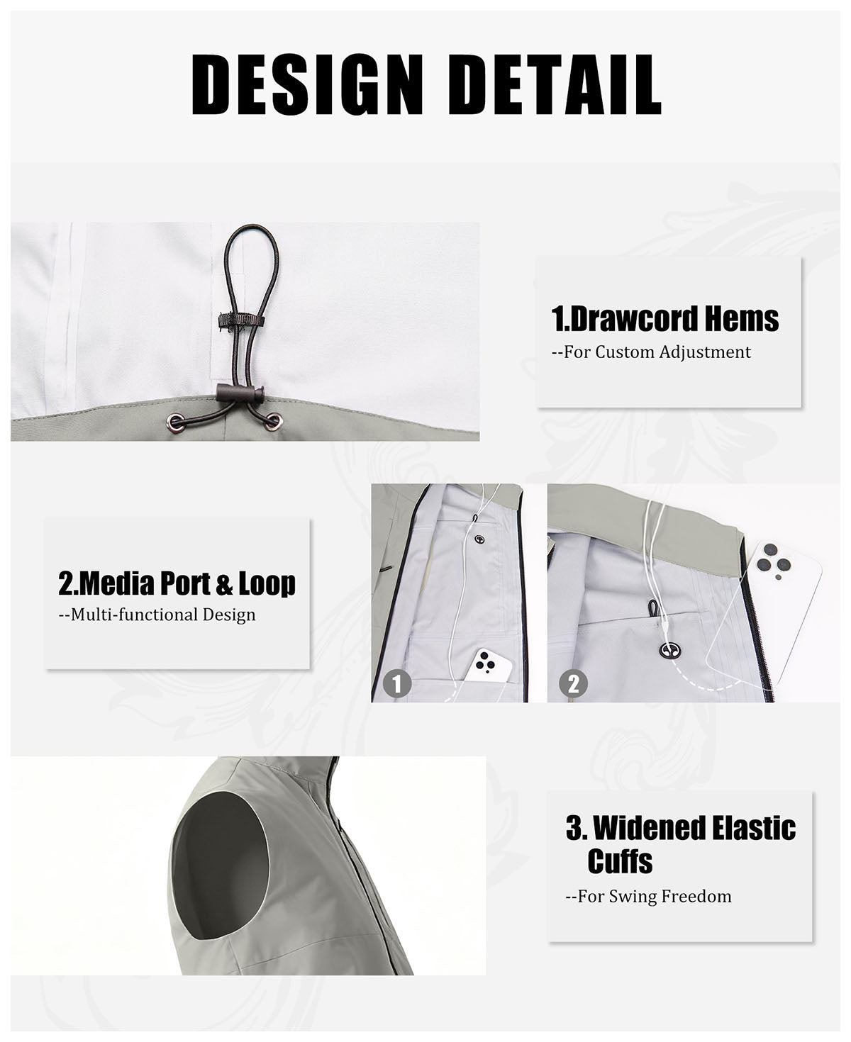 Features: adjustable drawcord hem, media port , gear loop, wide elastic armholes for freedom of movement.