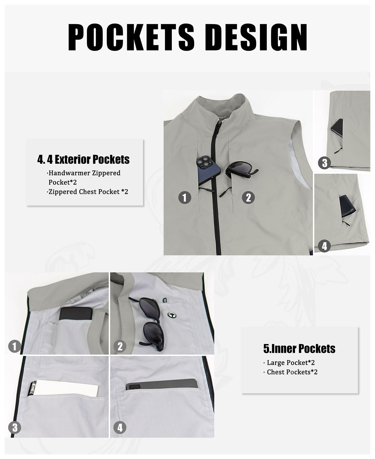 8-pocket system: 4 outer (2 zip handwarmer , 2 chest), 4 inner, maximizing storage in sage green Men's Softshell Vest.