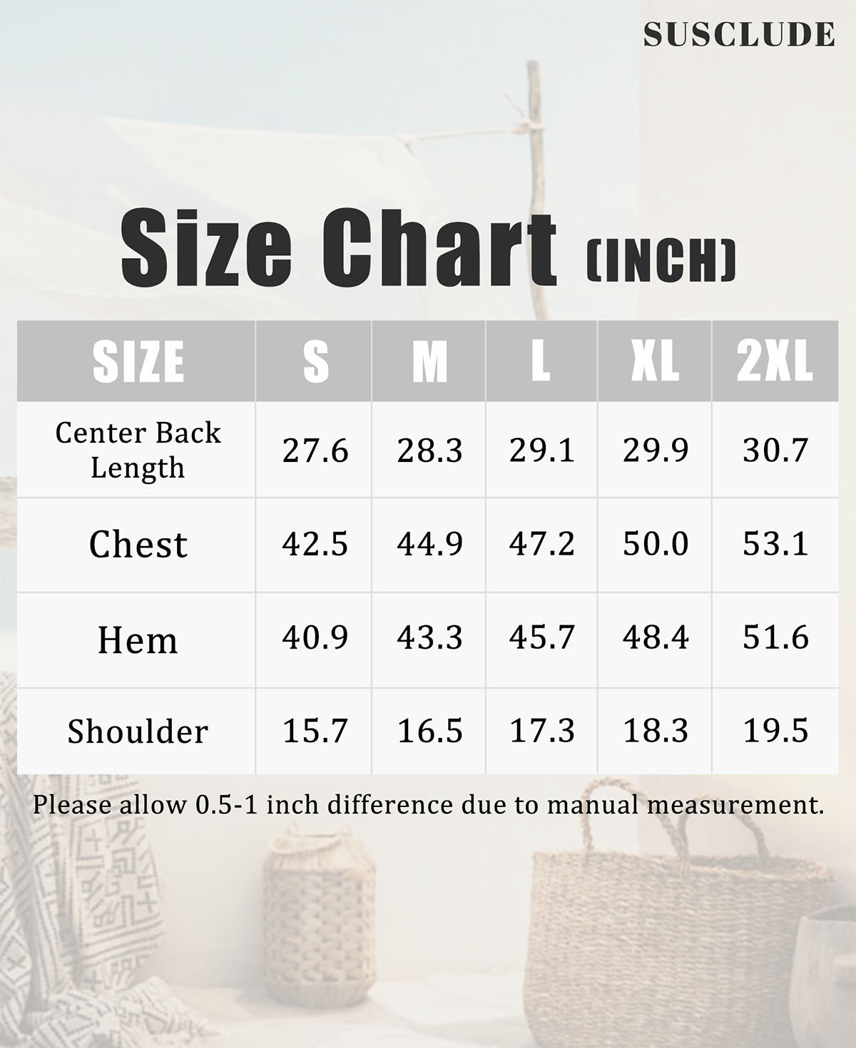 SUSCLUDE vest size chart (inches): center back length, chest, hem, shoulder, with 0.5¨C1" manual measurement tolerance.