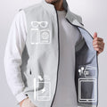 Pockets on white grey Men's Softshell Vest hold phone, sunglasses, ID, practical storage for daily or outdoor use.