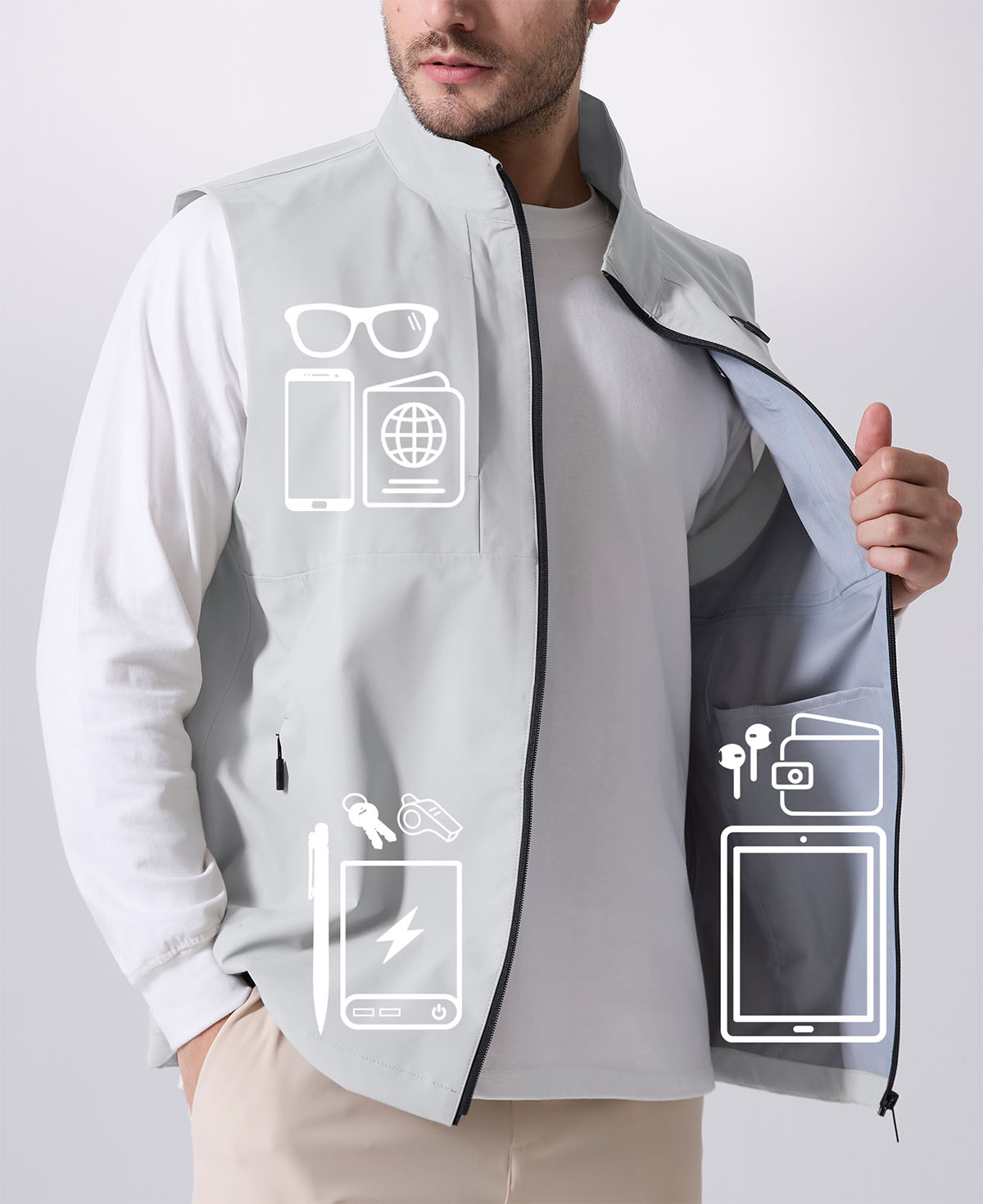 Pockets on white grey Men's Softshell Vest hold phone, sunglasses, ID, practical storage for daily or outdoor use.