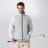 Model wearing white grey Men's Softshell Vest with golf club, ideal lightweight layer for outdoor leisure activities.