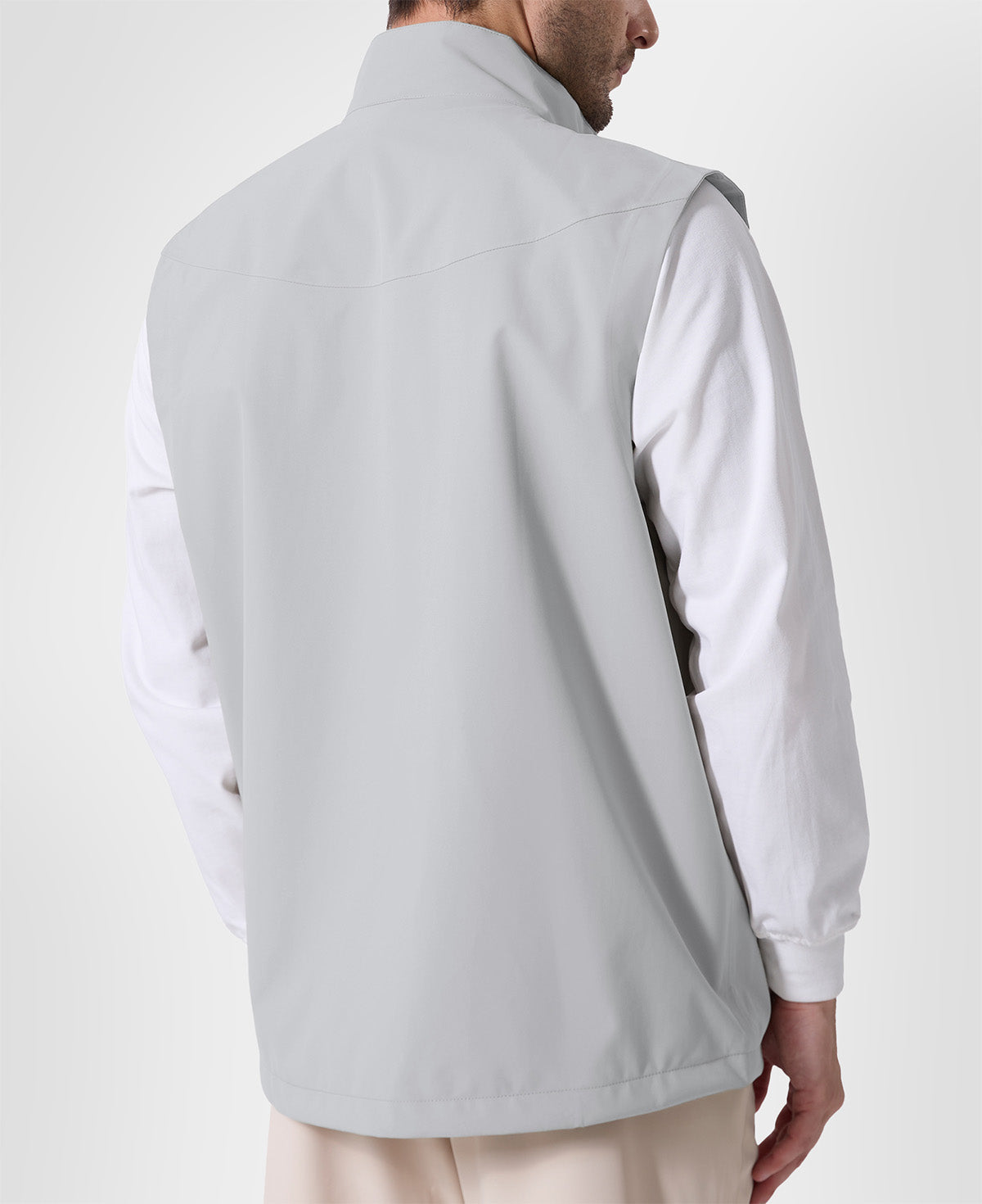 Back view of white grey Men's Softshell Vest ¨C clean, streamlined silhouette with minimalist design and flexible fit.