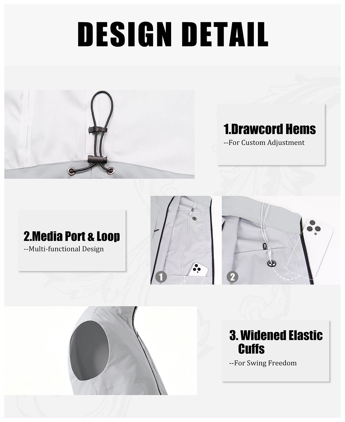 Features: adjustable drawcord hem, media port , gear loop, wide elastic armholes for freedom of movement.
