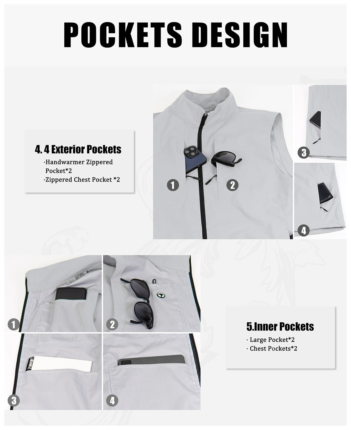 8-pocket system: 4 outer (2 zip handwarmer , 2 chest), 4 inner, maximizing storage in white grey Men's Softshell Vest.