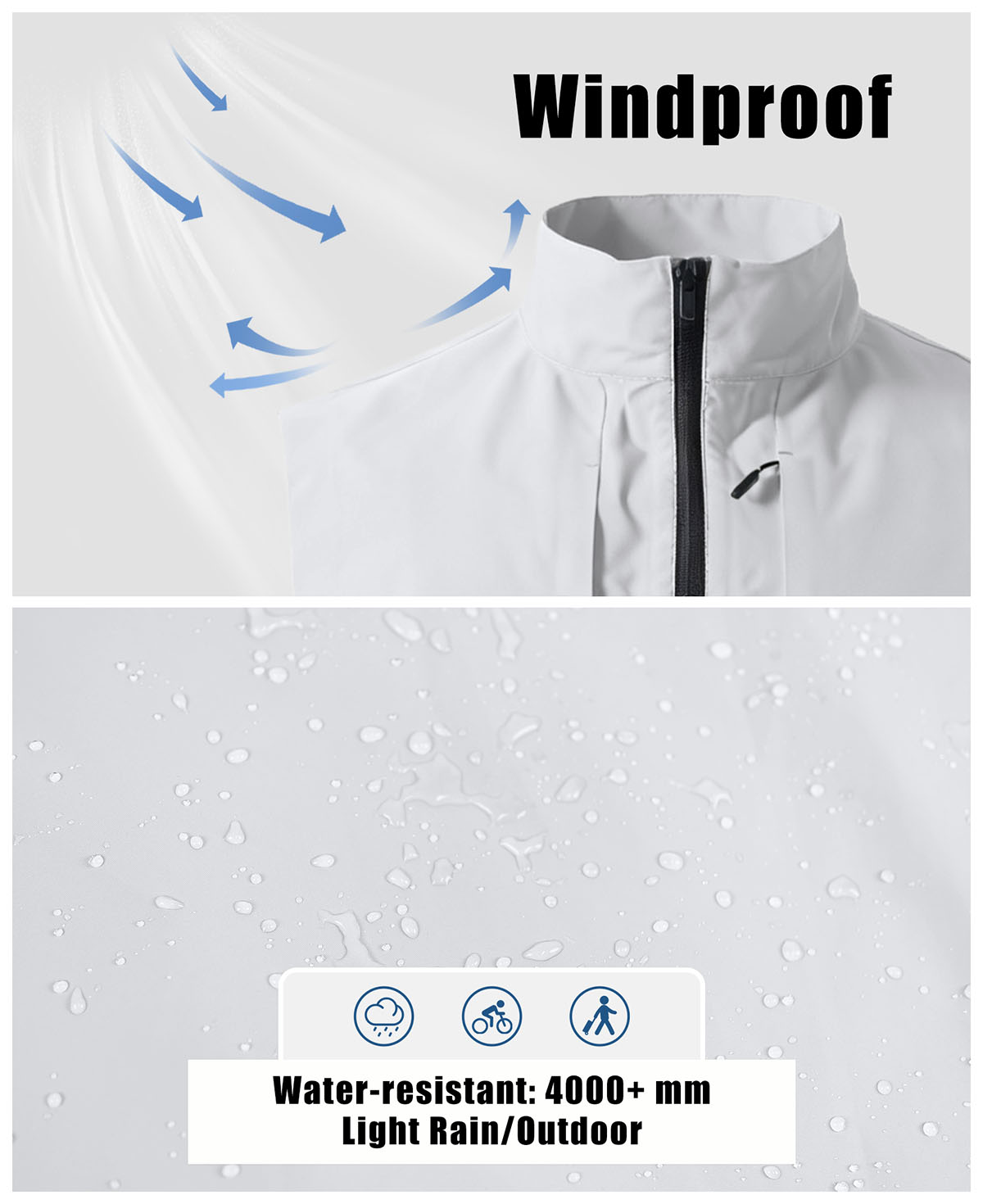 Windproof & water-resistant (4000,mm) softshell fabric, perfect for light rain and cool outdoor days.
