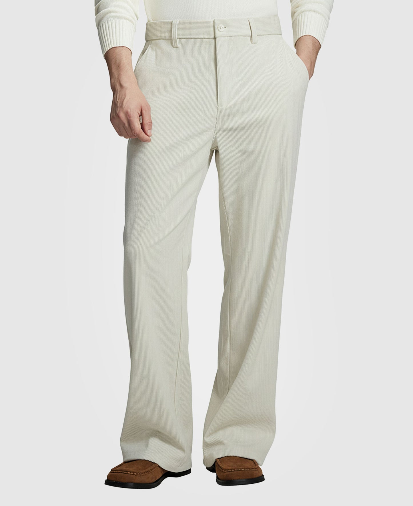 Man in gray knit, apricot Men's Wide Leg Corduroy Dress Casual Pants, and brown loafers, showing texture and drape.