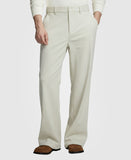 Man in gray knit, apricot Men's Wide Leg Corduroy Dress Casual Pants, and brown loafers, showing texture and drape.