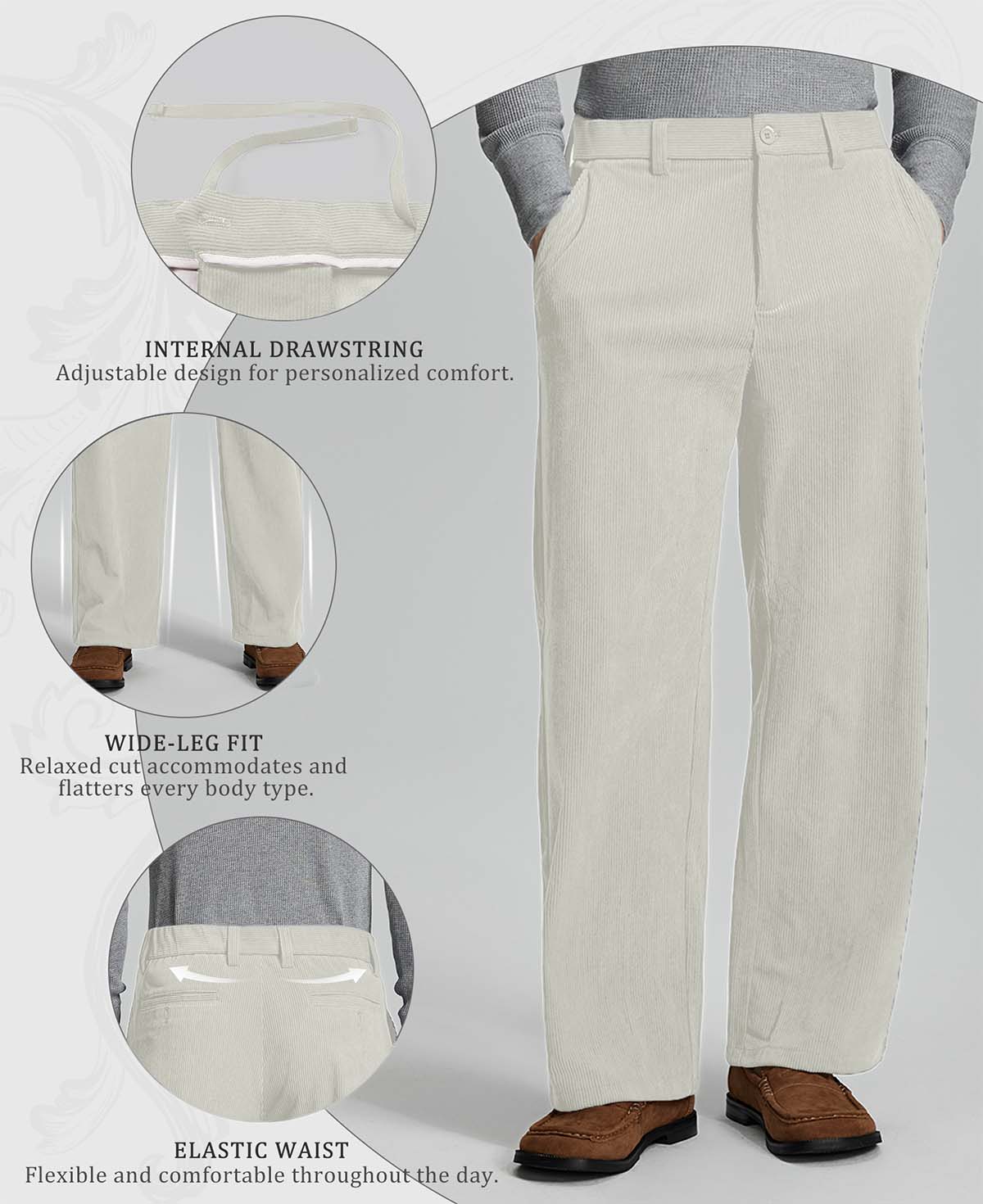 Features: inner drawstring (adjustable waist), wide leg (fits various body types), elastic waistband (daily comfort).
