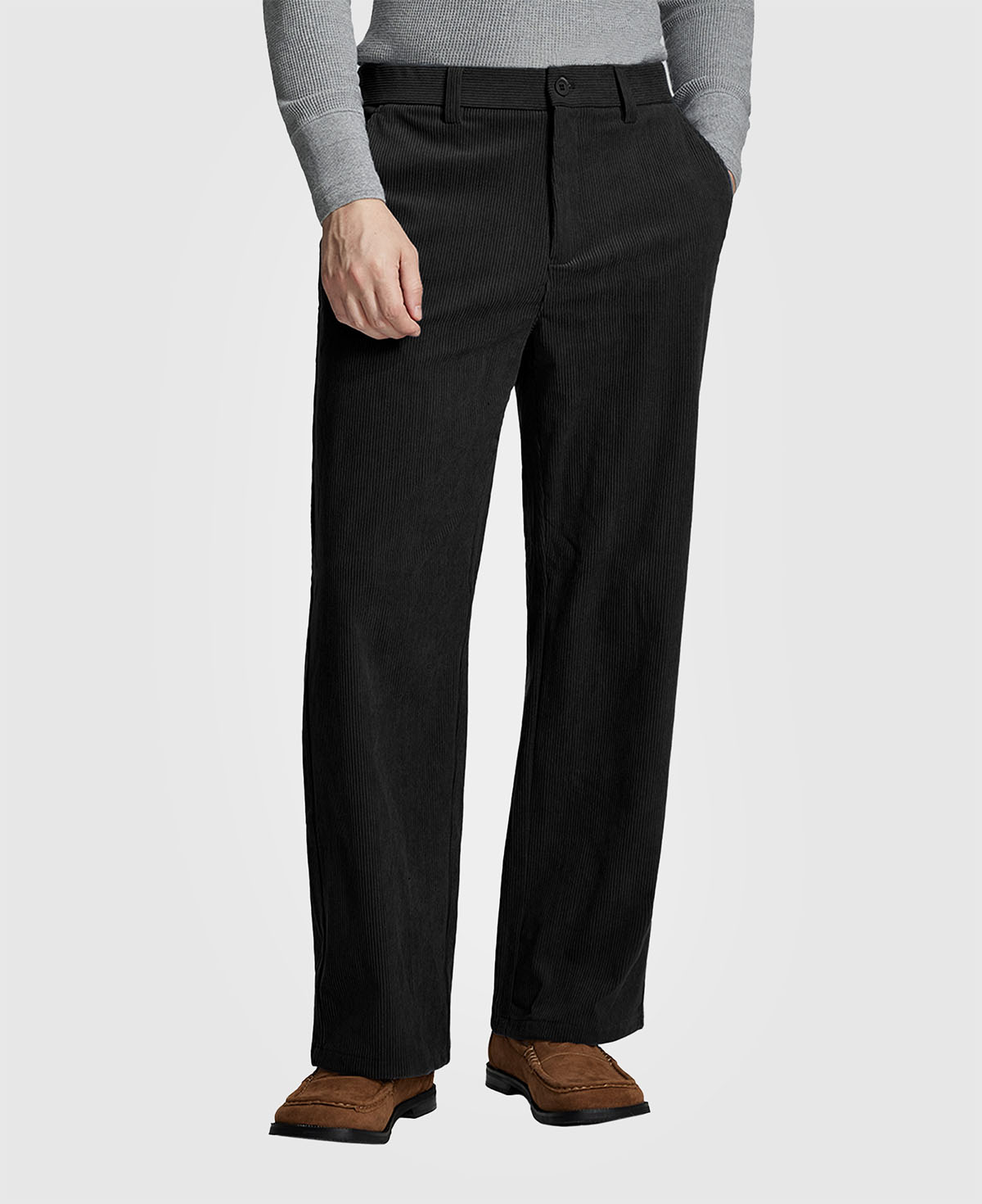 Man in gray knit, black Men's Wide Leg Corduroy Dress Casual Pants, and brown loafers, showing texture and drape.