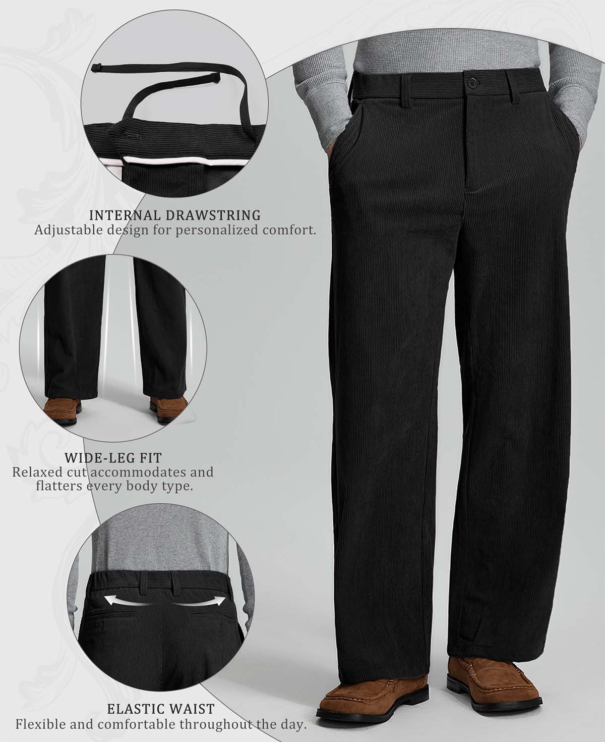 Features: inner drawstring (adjustable waist), wide leg (fits various body types), elastic waistband (daily comfort).