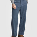 Man in gray knit, blue Men's Wide Leg Corduroy Dress Casual Pants, and brown loafers, showing texture and drape.