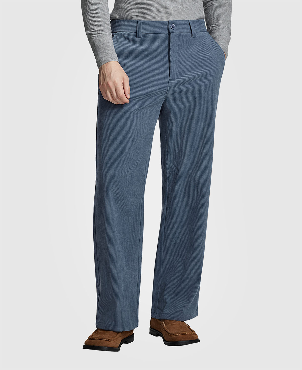Man in gray knit, blue Men's Wide Leg Corduroy Dress Casual Pants, and brown loafers, showing texture and drape.