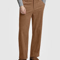 Man in gray knit, brown Men's Wide Leg Corduroy Dress Casual Pants, and brown loafers, showing texture and drape.