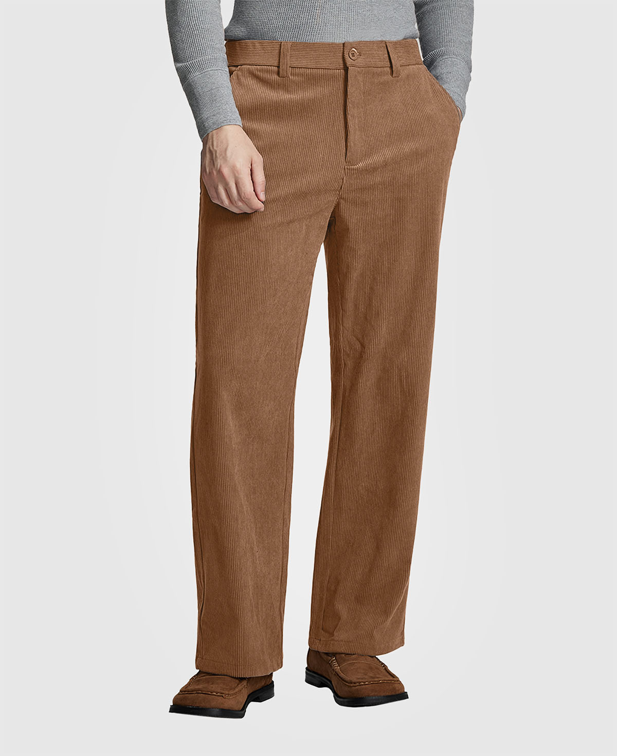 Man in gray knit, brown Men's Wide Leg Corduroy Dress Casual Pants, and brown loafers, showing texture and drape.