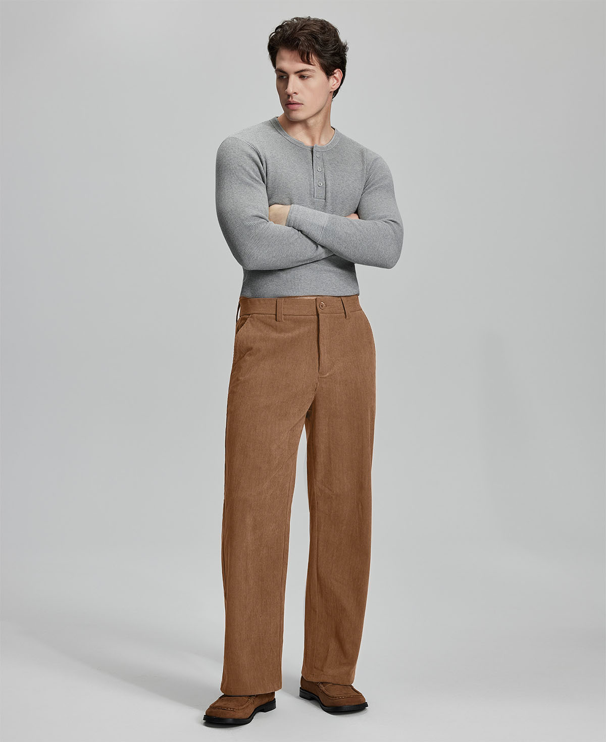 Model in gray sweater with brown wide-leg corduroy pants, showcasing casual yet neat daily wear styling.