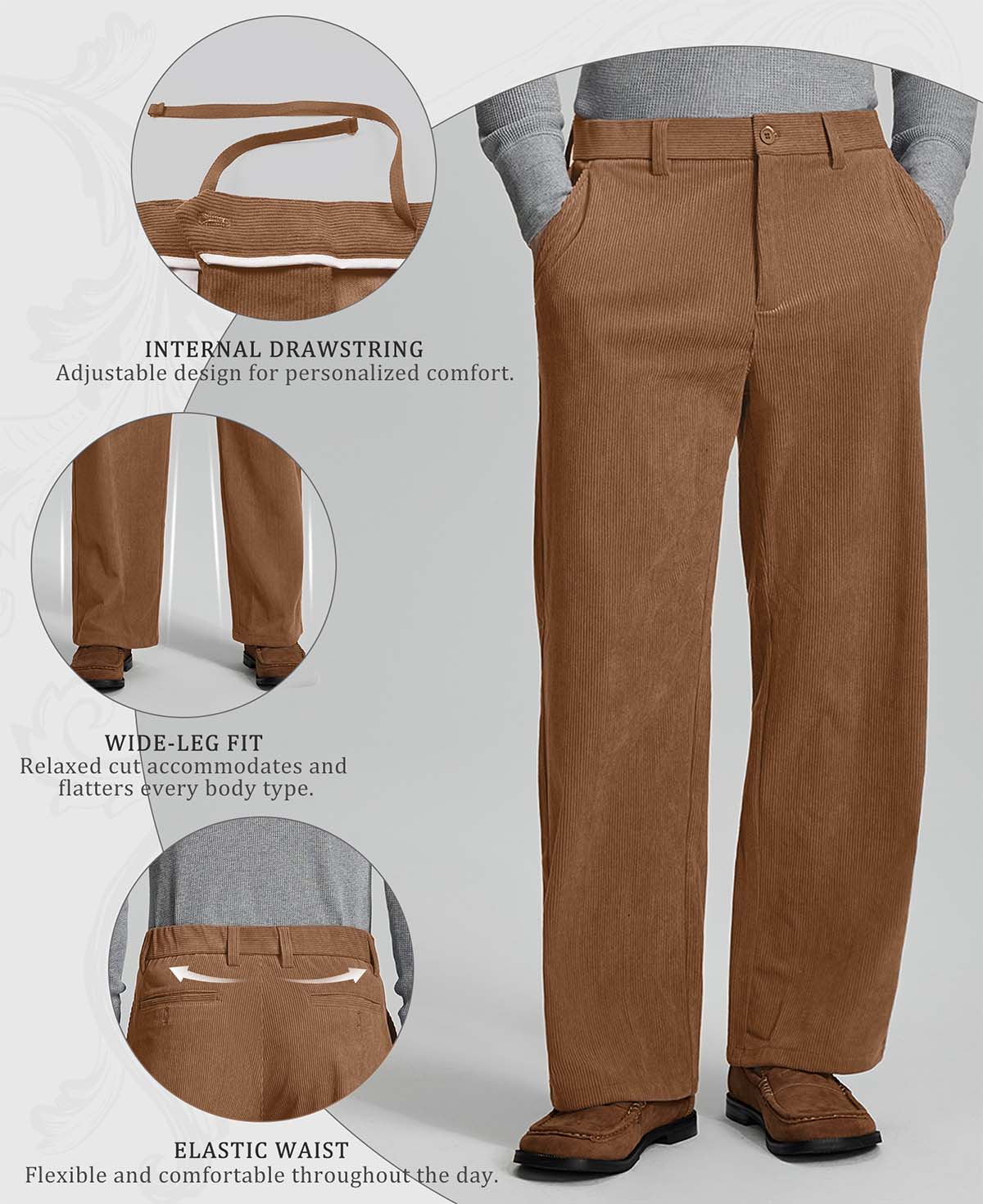 Features: inner drawstring (adjustable waist), wide leg (fits various body types), elastic waistband (daily comfort).