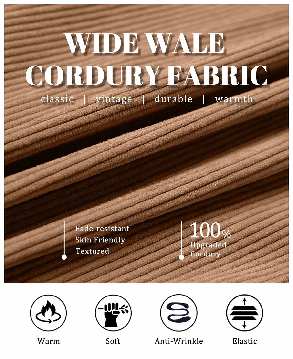 Wide-wale corduroy fabric, retro, durable, warm, wrinkle-resistant, and skin-friendly, made from upgraded 100% material.