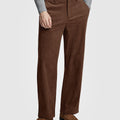Man in gray knit, coffee Men's Wide Leg Corduroy Dress Casual Pants, and brown loafers, showing texture and drape.