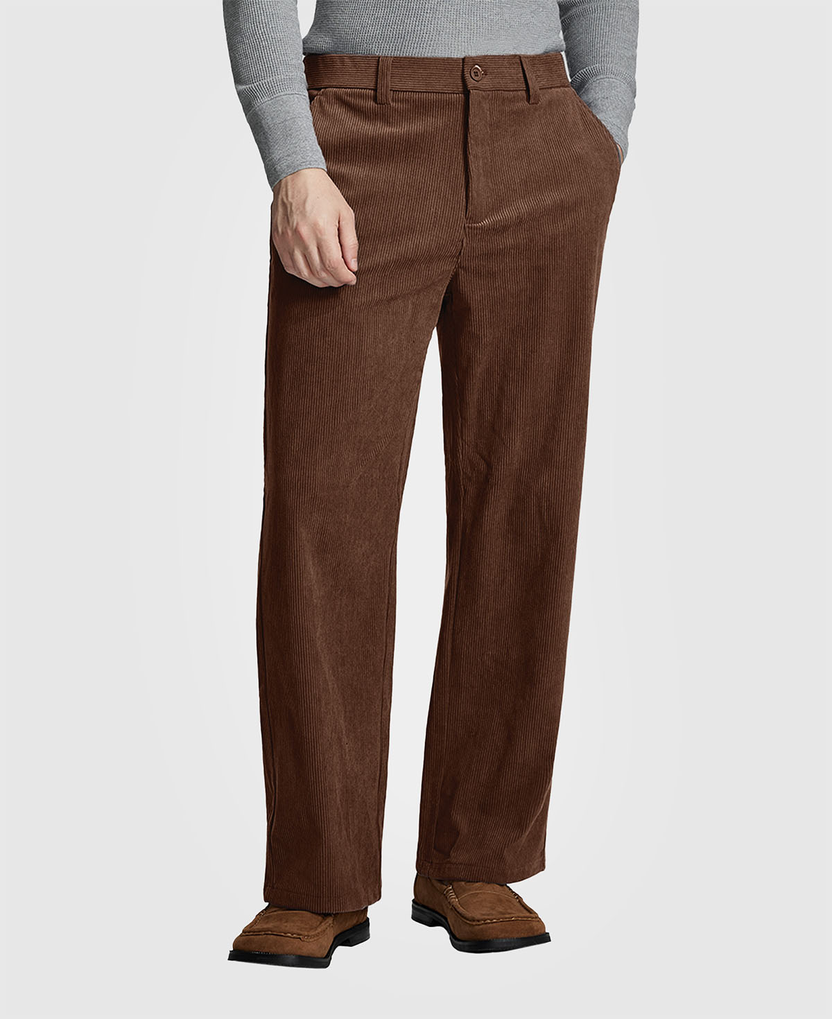 Man in gray knit, coffee Men's Wide Leg Corduroy Dress Casual Pants, and brown loafers, showing texture and drape.