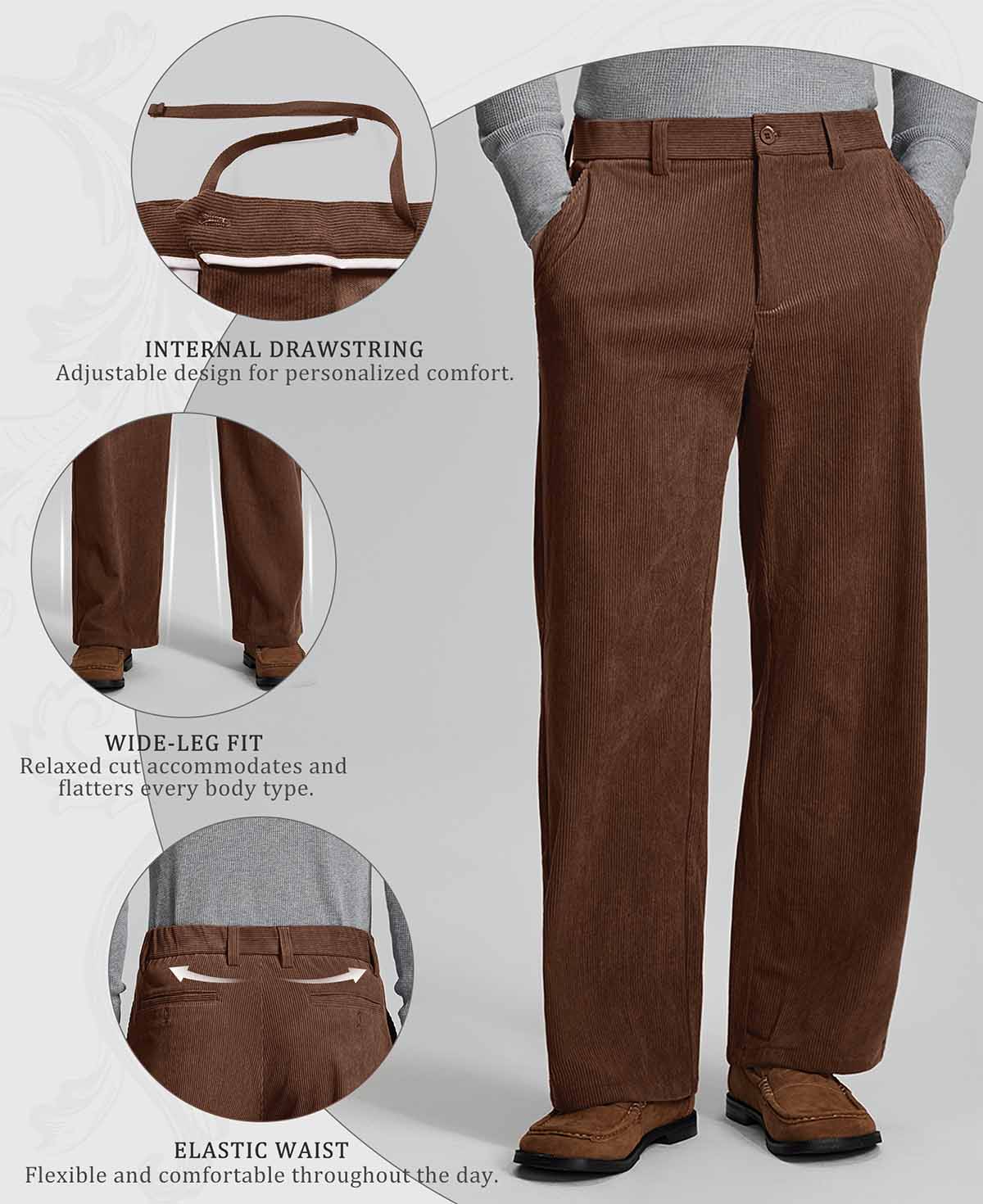 Features: inner drawstring (adjustable waist), wide leg (fits various body types), elastic waistband (daily comfort).