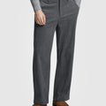 Man in gray knit, dark grey Men's Wide Leg Corduroy Dress Casual Pants, and brown loafers, showing texture and drape.