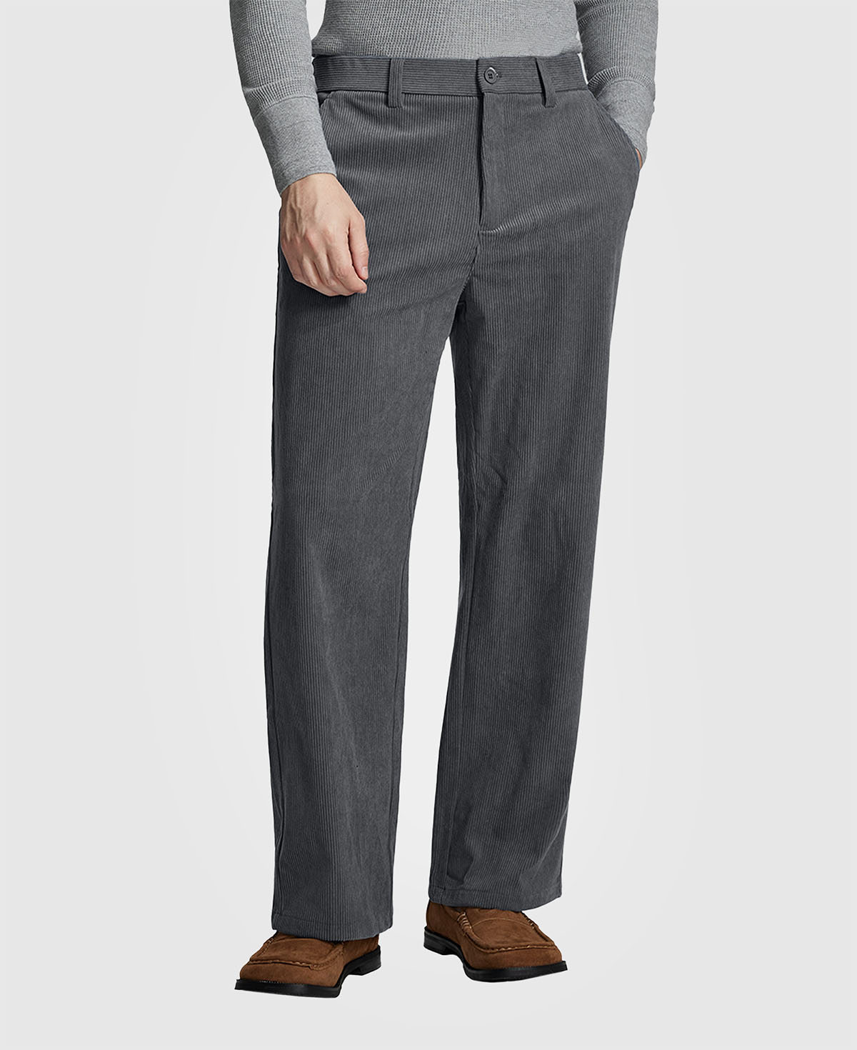 Man in gray knit, dark grey Men's Wide Leg Corduroy Dress Casual Pants, and brown loafers, showing texture and drape.
