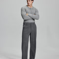 Model in gray sweater with dark grey wide-leg corduroy pants, showcasing casual yet neat daily wear styling.