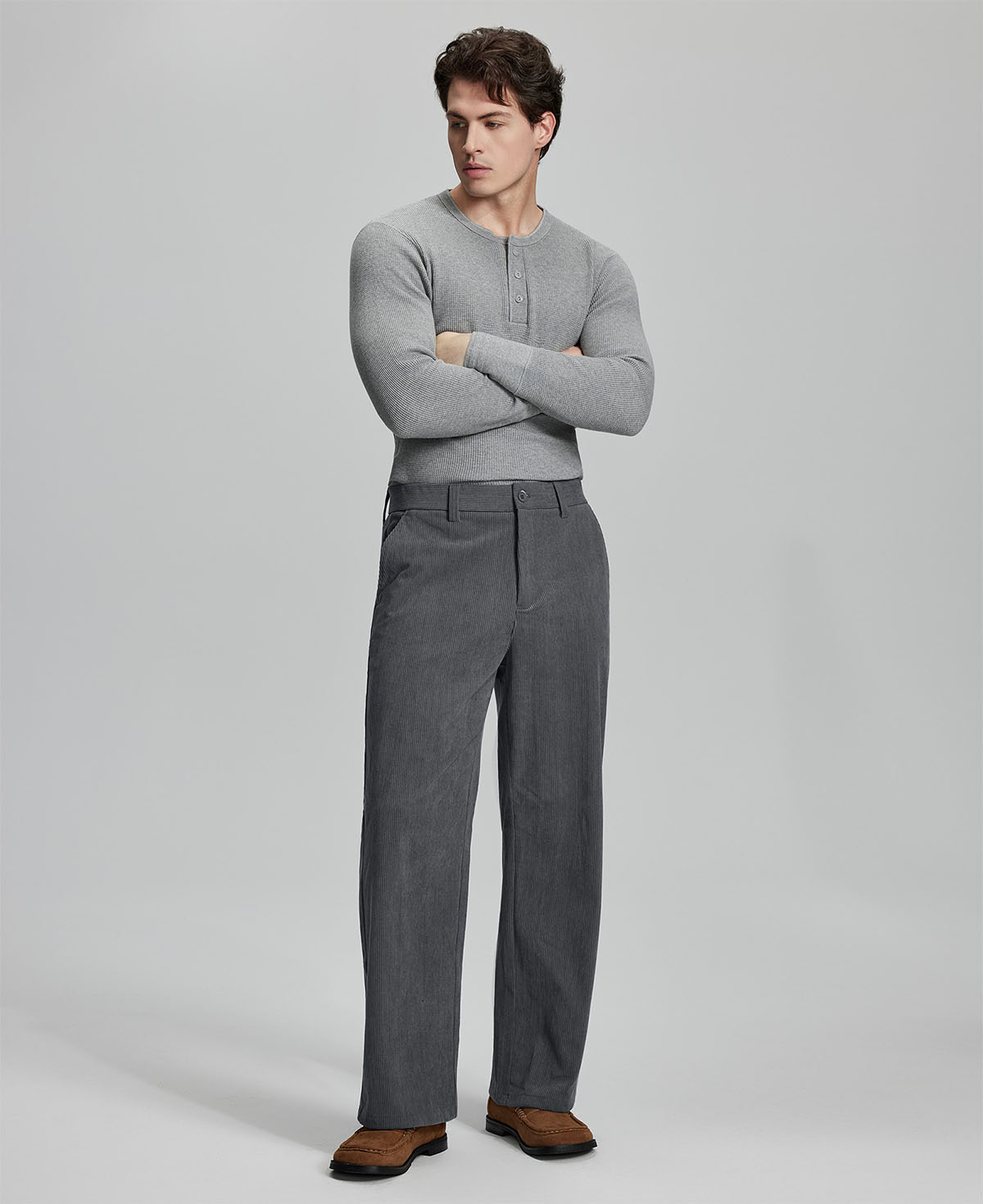 Model in gray sweater with dark grey wide-leg corduroy pants, showcasing casual yet neat daily wear styling.