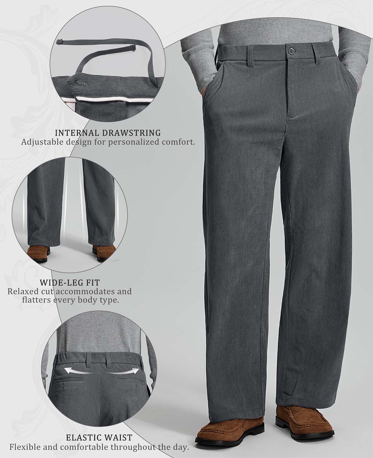 Features: inner drawstring (adjustable waist), wide leg (fits various body types), elastic waistband (daily comfort).
