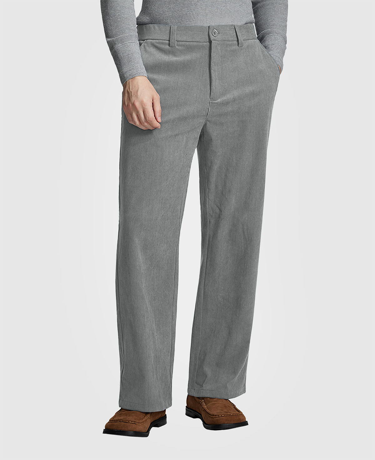Man in gray knit, light grey Men's Wide Leg Corduroy Dress Casual Pants, and brown loafers, showing texture and drape.