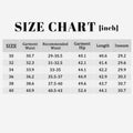 SUSCLUDE size chart (inches): garment & recommended body waist/hip, inseam, length, covers sizes 30-40 with manual tolerance.