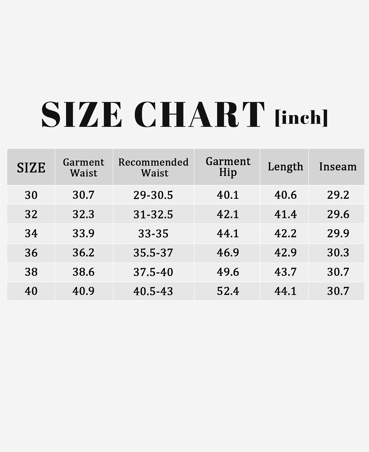 SUSCLUDE size chart (inches): garment & recommended body waist/hip, inseam, length, covers sizes 30-40 with manual tolerance.